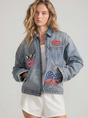 Elwood Embroidered Blue Denim Patch Jacket — Classic Jean Coat